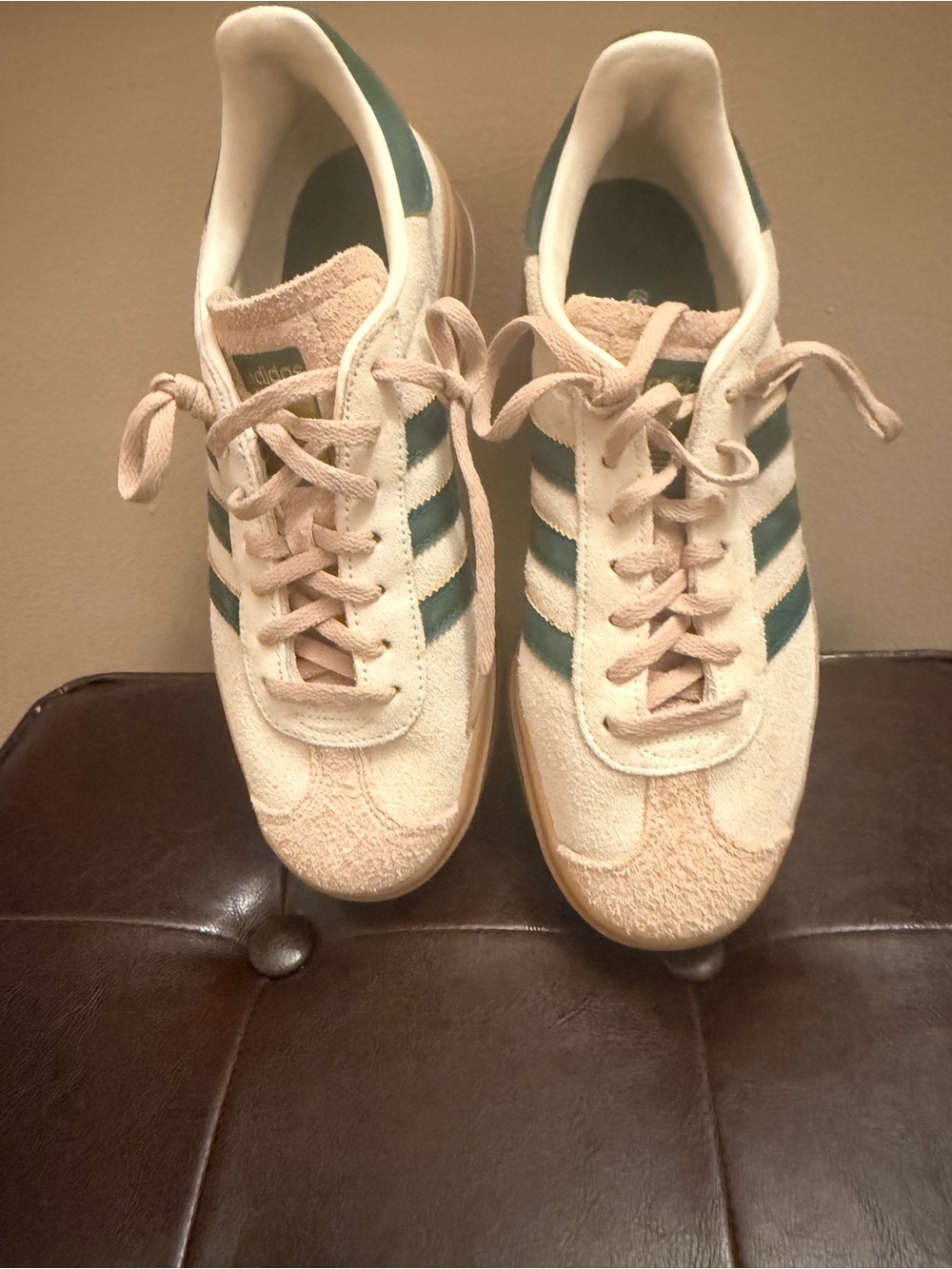 Women’s Adidas Gazelle Casual Suede Lace-Up Sneakers in Beige with Green Stripes